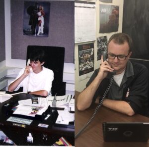 At the desk as a student, and again as the older, fatter, advisor, with way less hair.