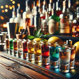 A line of filled shot glasses sitting on a bar.